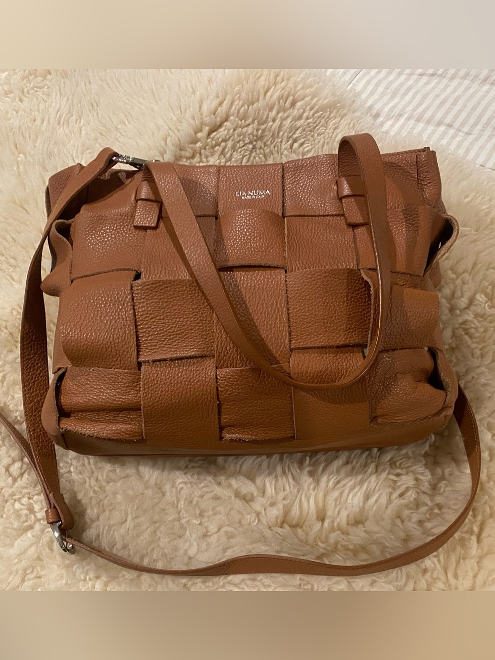 Lia Numa Brown Leather Weave Tobo Tote Bag